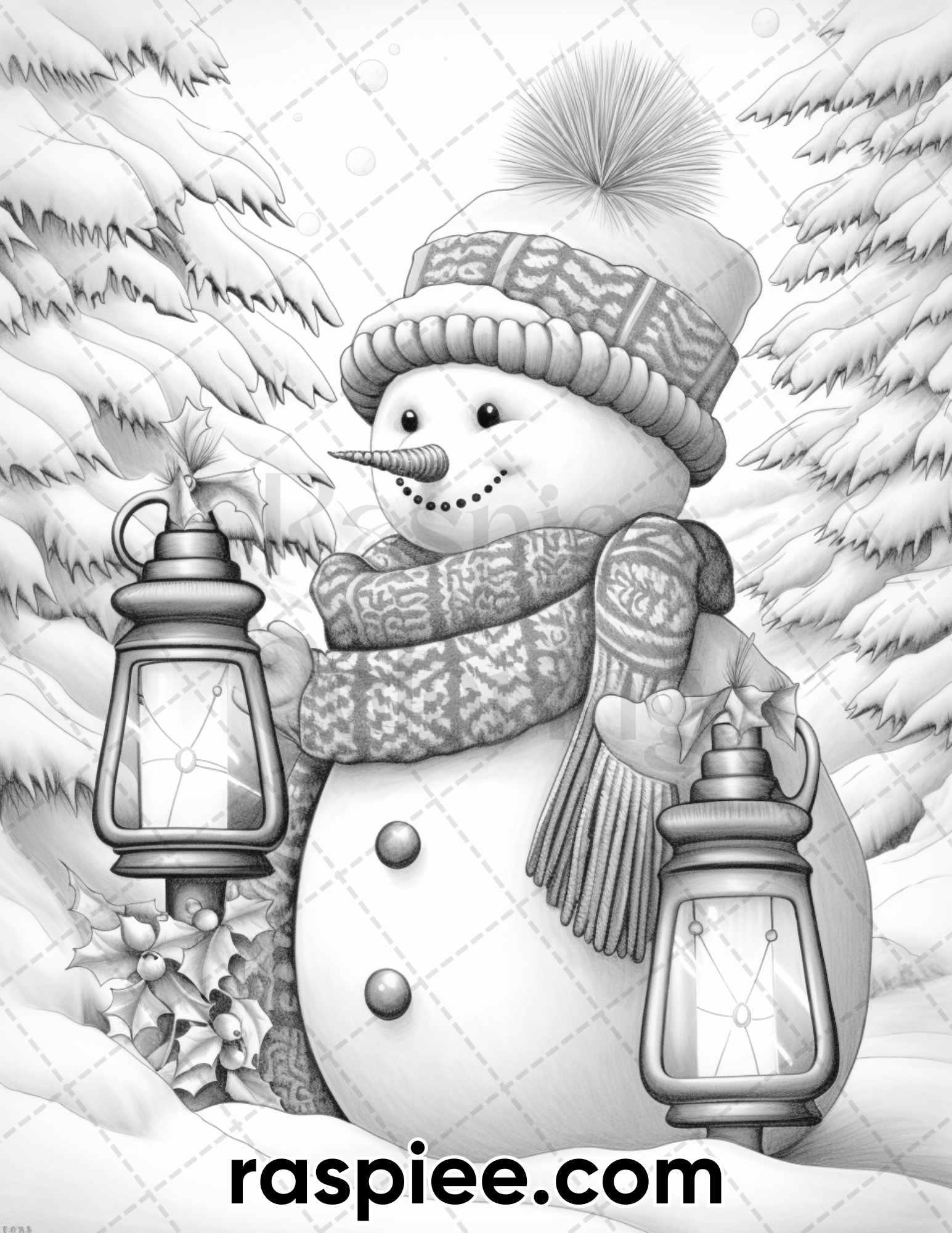 40 Chistmas Snowman Grayscale Coloring Pages for Adults, Printable PDF Instant Download