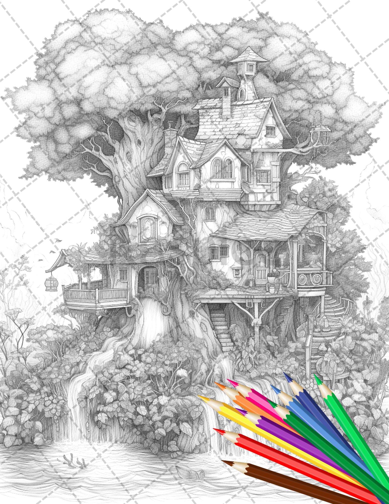 30 Fantasy Fairy Houses Coloring Page Book, Printable Adult Coloring Pages, Enchanted Fairy Home Grayscale Coloring Book, Printable PDF File