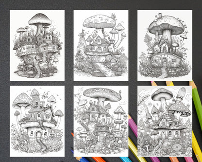 32 Whimsical Mushroom House Coloring Pages for Adults, Grayscale Coloring Book, Printable PDF File Download