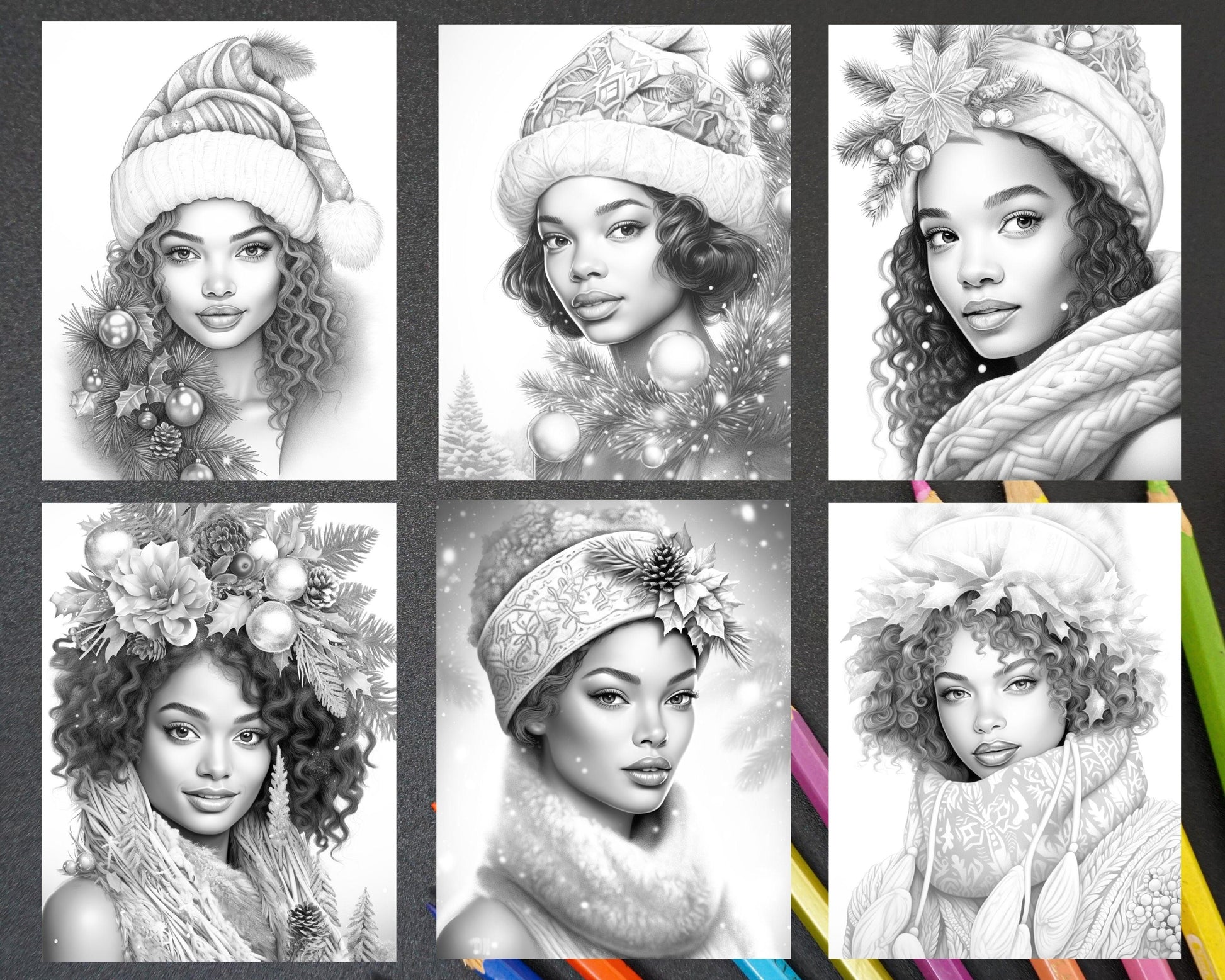 50 Christmas Black Beauties Portrait Grayscale Coloring Pages for Adults, Printable PDF Instant Download