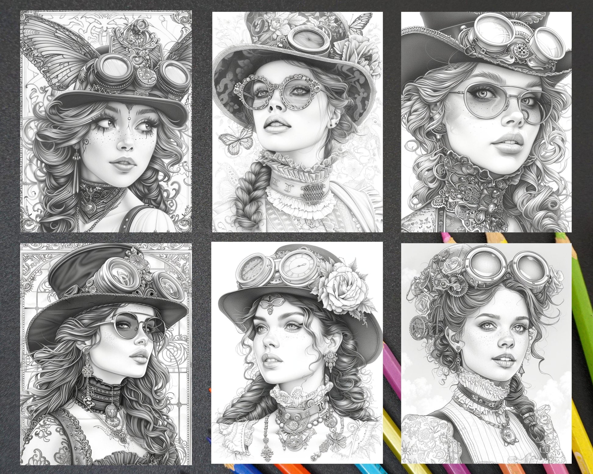 65 Gothic Steampunk Girls Grayscale Adult Coloring Pages, Printable PDF Instant Download