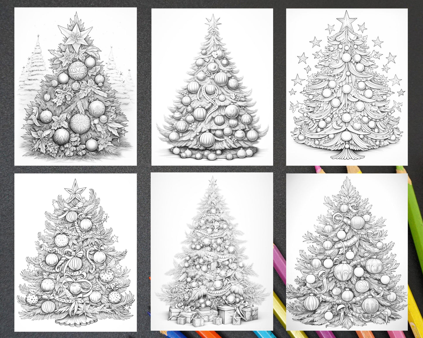 40 Christmas Tree Grayscale Coloring Pages for Adults, Printable PDF Instant Download