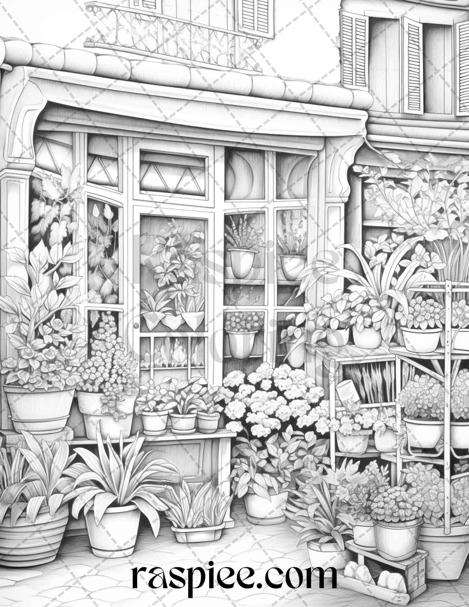 45 Flower Store Front Grayscale Coloring Pages Printable for Adults, PDF File Instant Download