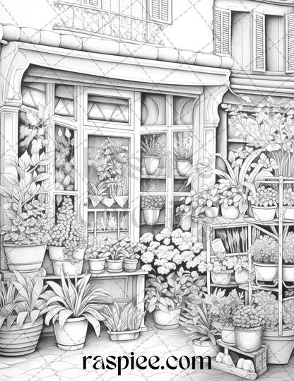 45 Flower Store Front Grayscale Coloring Pages Printable for Adults, PDF File Instant Download