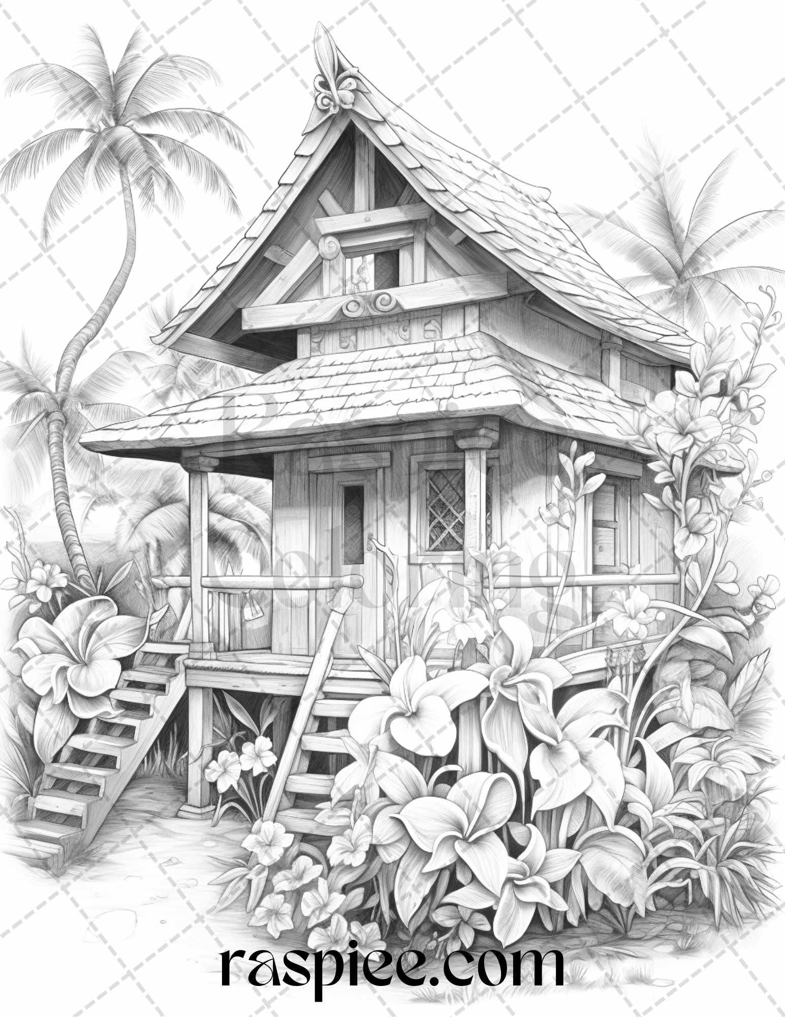 40 Hawaii Tiki Houses Grayscale Coloring Pages Printable for Adults, PDF File Instant Download