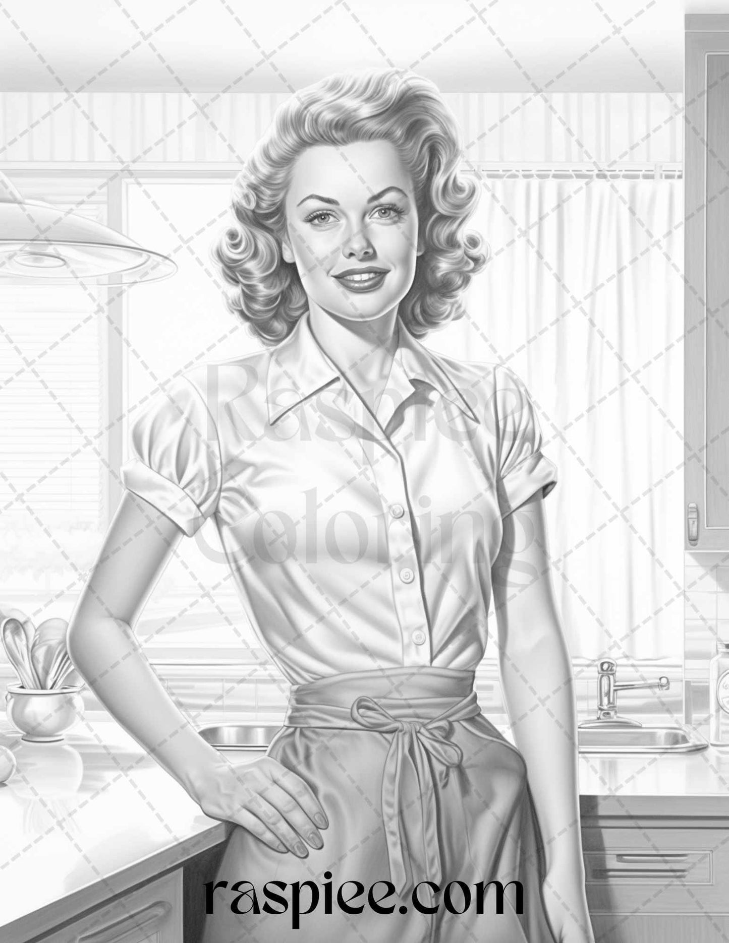 40 Retro Housewives Grayscale Coloring Pages for Adults, Printable PDF File Instant Download