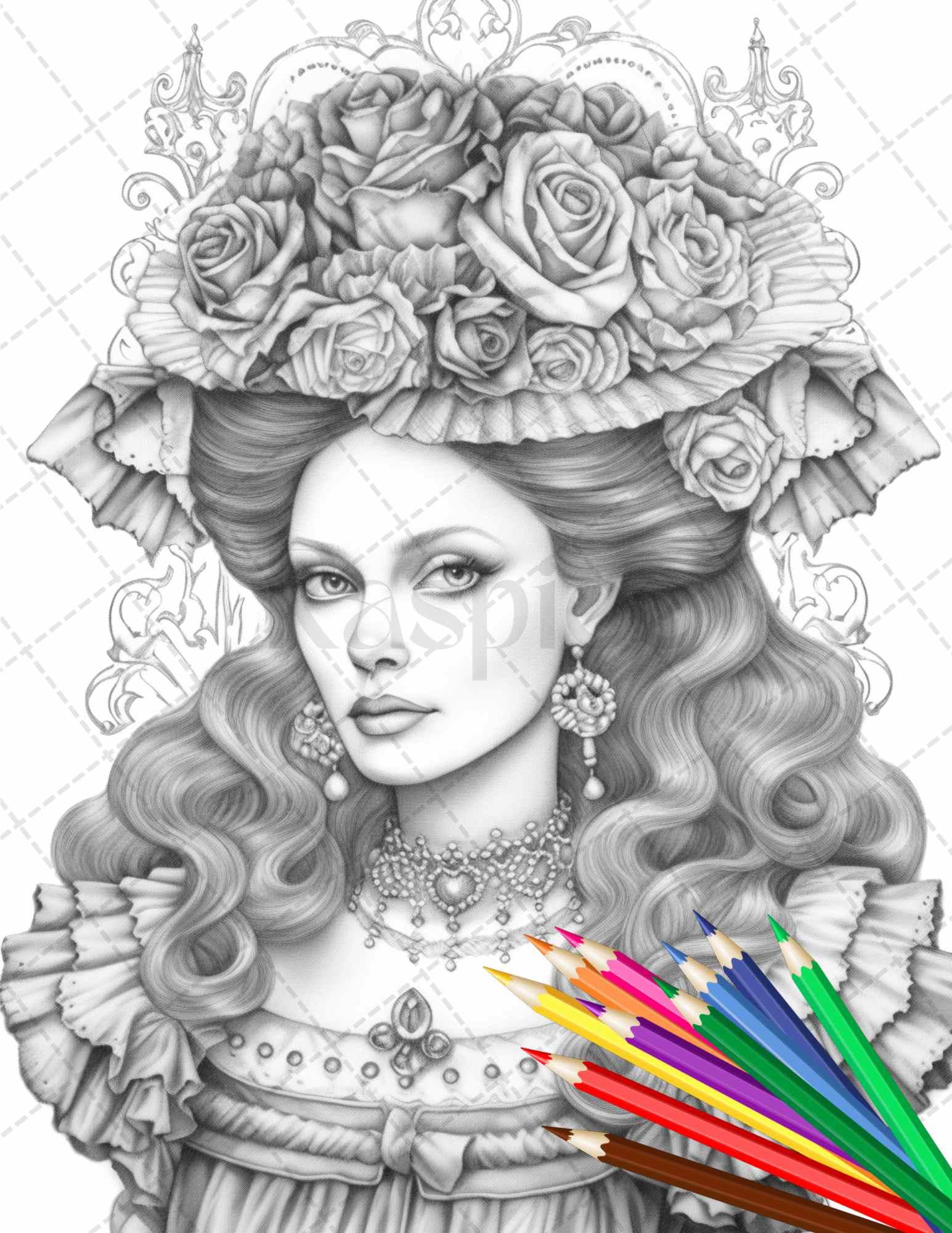 43 Beautiful Victorian Women Grayscale Coloring Pages Printable for Adults, PDF File Instant Download