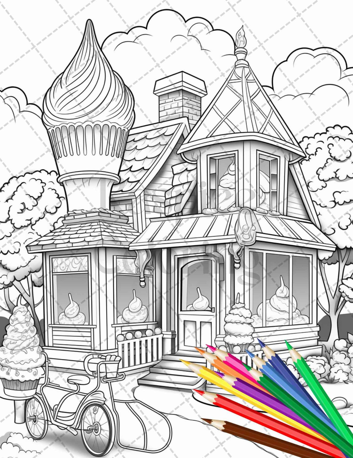 33 Ice Cream Houses Grayscale Coloring Pages Printable for Adults and Kids, PDF File Instant Download