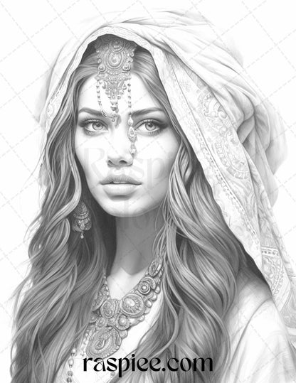 40 Beautiful Gypsy Girls Grayscale Coloring Pages Printable for Adults, PDF File Instant Download