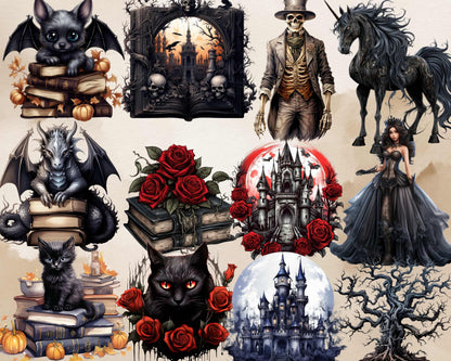 260+ PNG Watercolor Halloween Gothic Clipart Mega Bundle, Creepy Halloween Illustrations