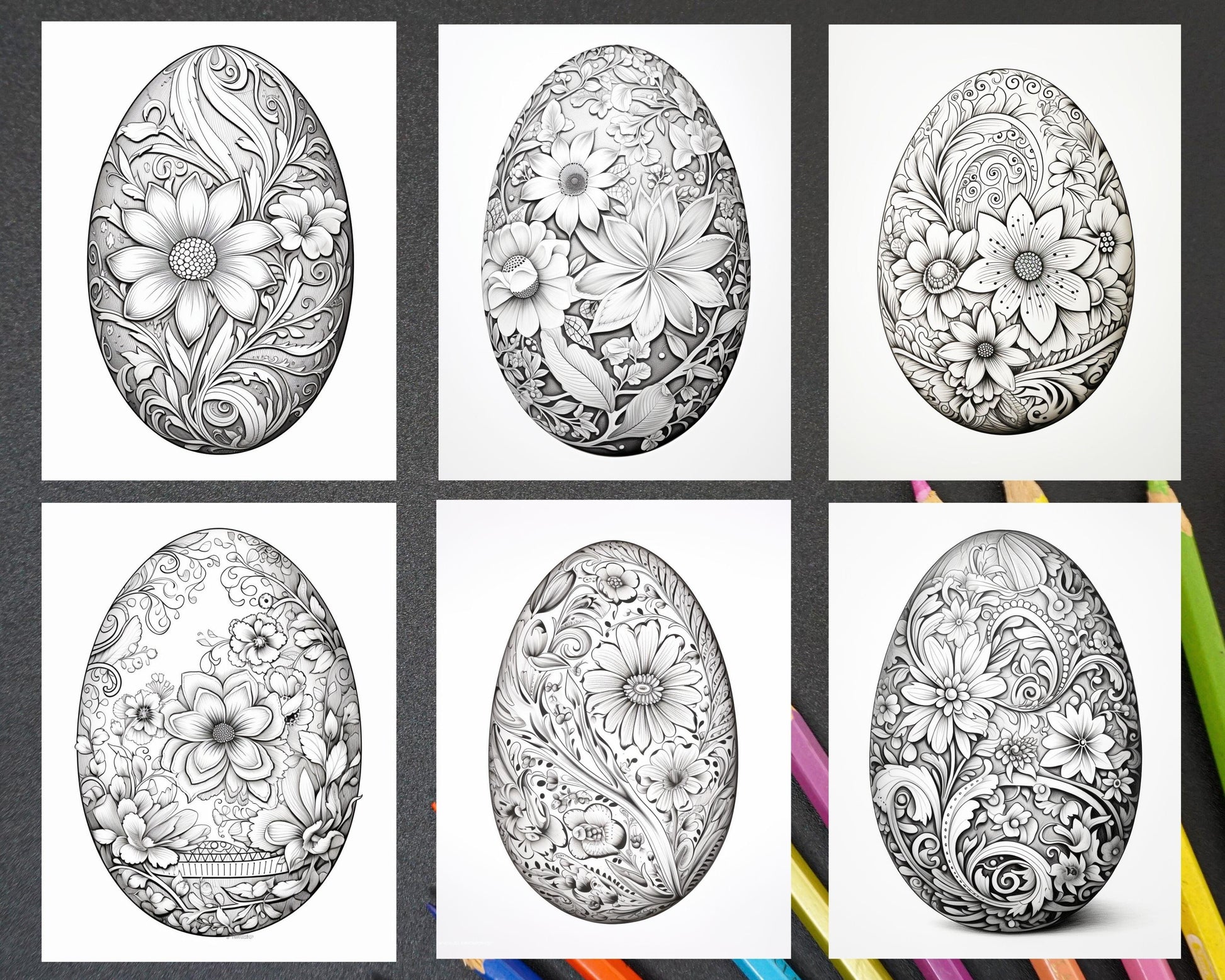 45 Easter Egg Grayscale Adult Coloring Pages, Printable PDF Instant Download