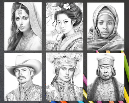 80 World Cultures Portraits Grayscale Adult Coloring Pages, Printable PDF Instant Download