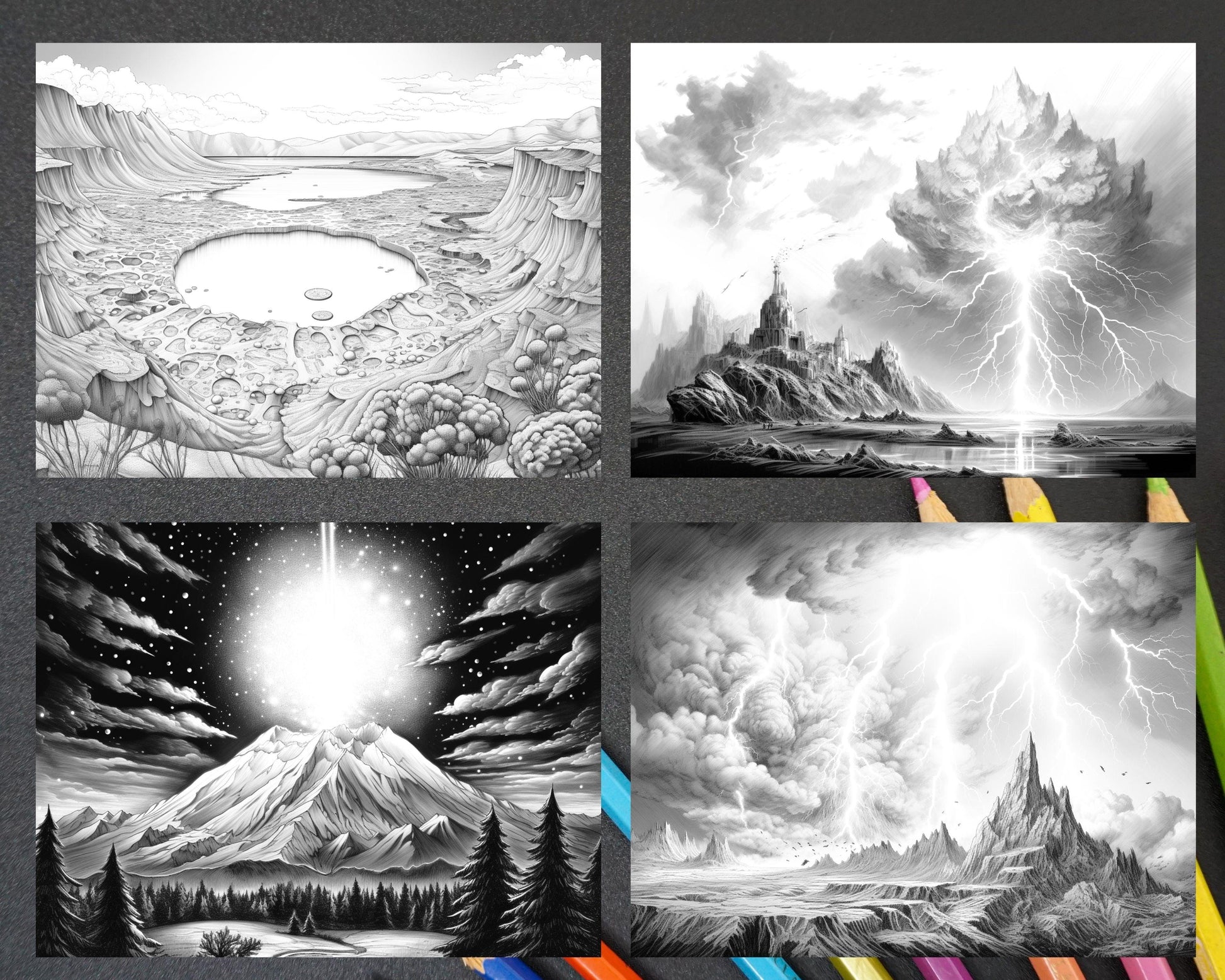 44 Volcanic Landscapes Grayscale Adult Coloring Pages, Printable PDF Instant Download