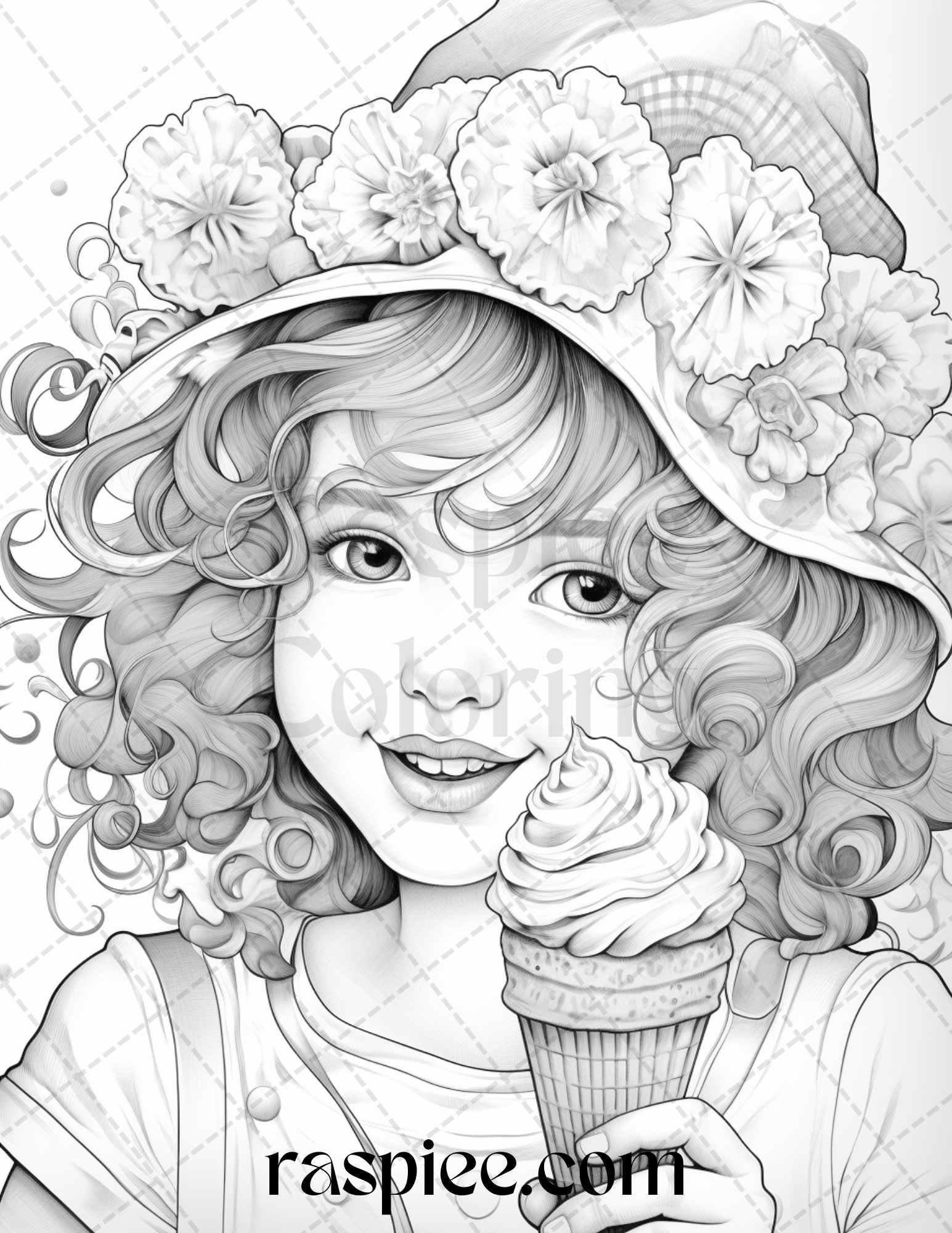 42 Adorable Girls with Ice Cream Grayscale Coloring Pages Printable for Adults Kids, PDF File Instant Download