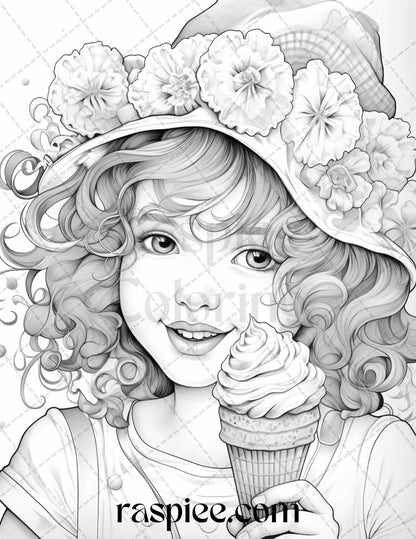 42 Adorable Girls with Ice Cream Grayscale Coloring Pages Printable for Adults Kids, PDF File Instant Download