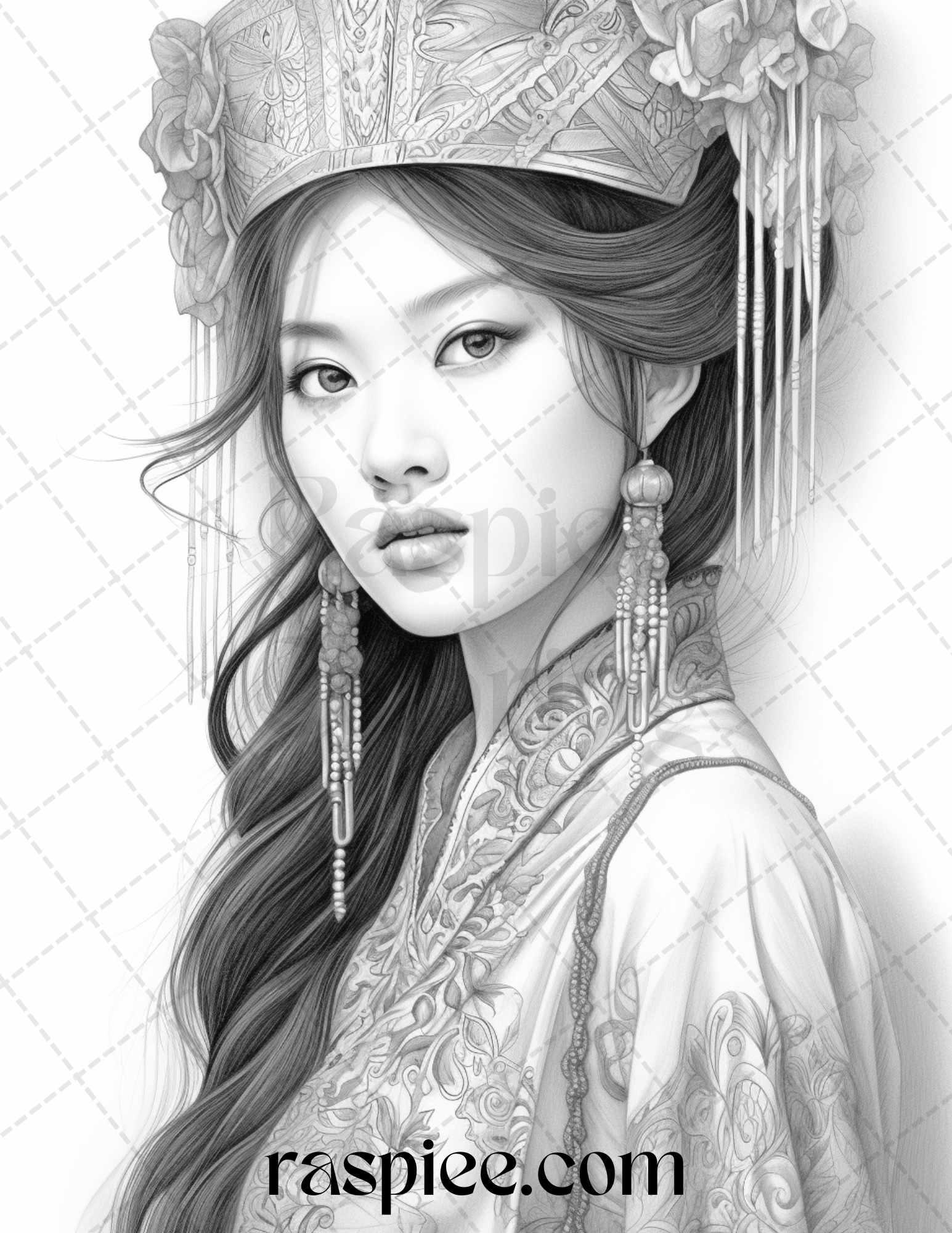 40 Beautiful Chinese Girls Grayscale Coloring Pages for Adults, Printable PDF File Instant Download