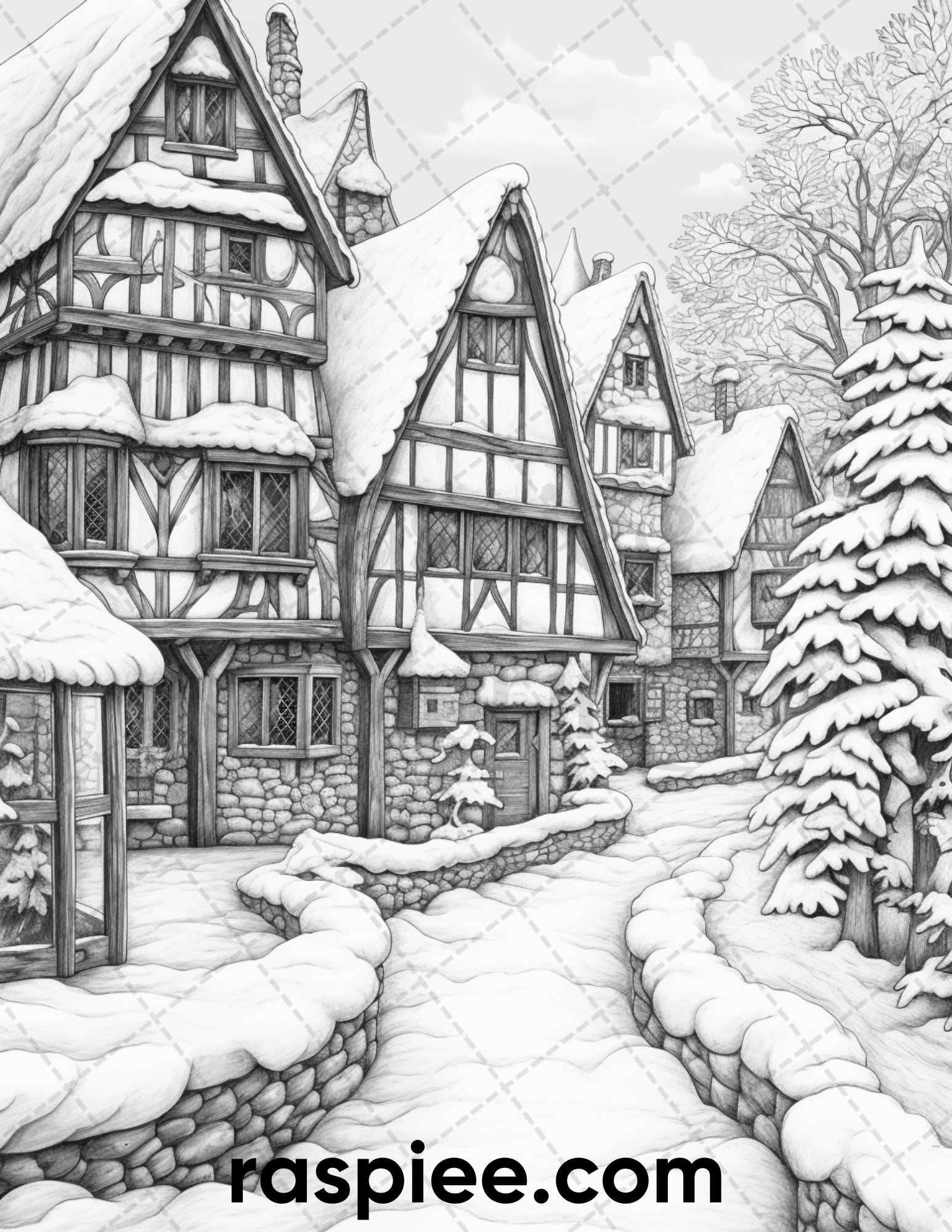 40 Fantasy Winter Village Grayscale Coloring Pages for Adults, PDF File Instant Download