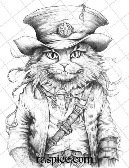 40 Pirate Animals Grayscale Coloring Pages Printable for Adults, PDF File Instant Download