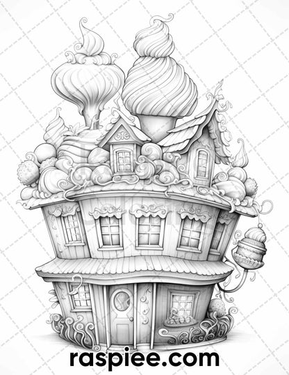 40 Whimsical Cupcake Houses Grayscale Coloring Pages for Adults, Printable PDF Instant Download