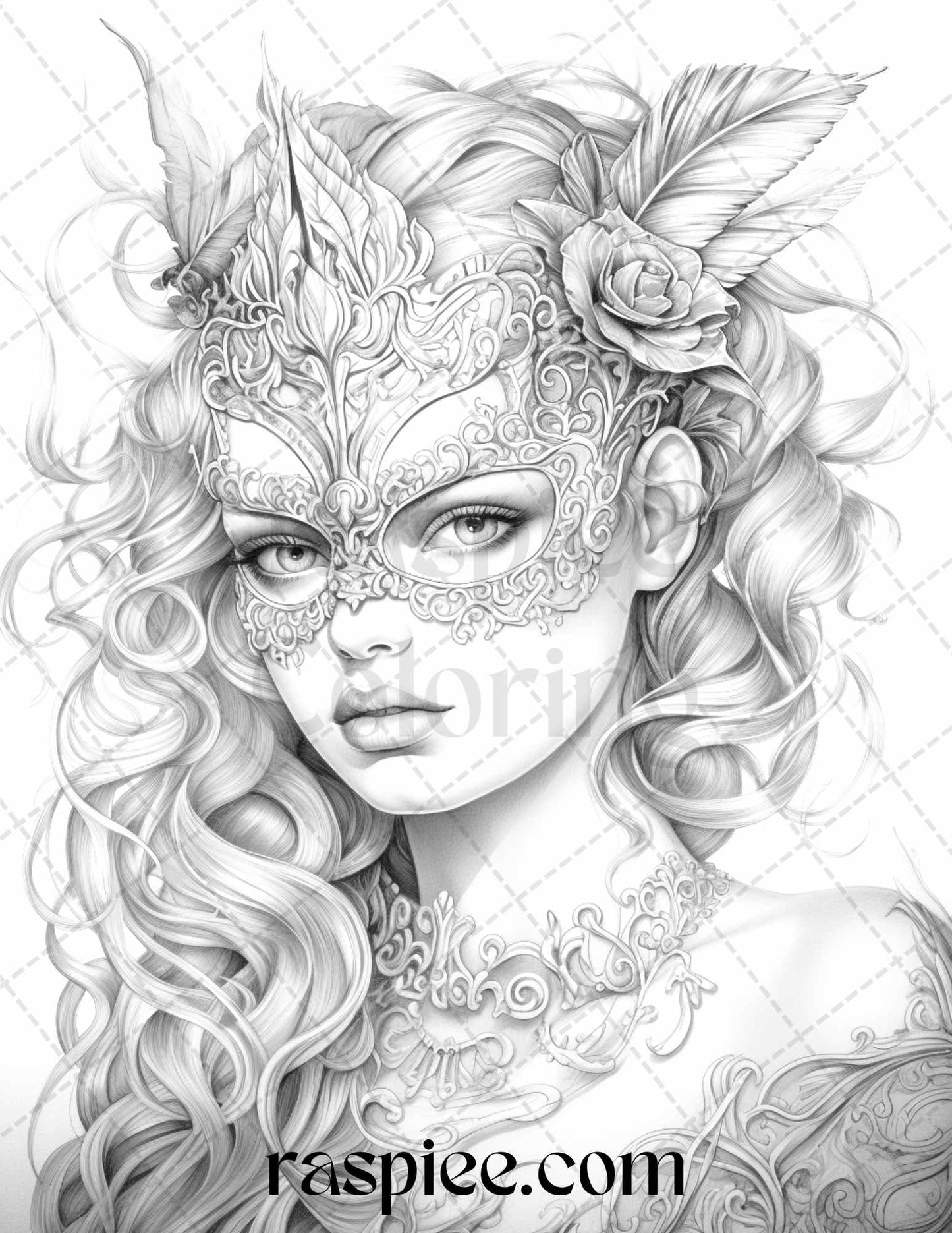 40 Masquerade Girls Grayscale Coloring Pages Printable for Adults, PDF File Instant Download