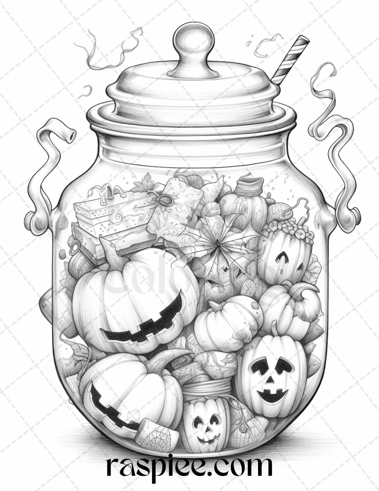 40 Halloween in Jar Grayscale Coloring Pages for Adults, Printable PDF File Instant Download