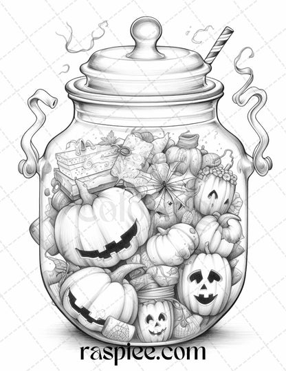 40 Halloween in Jar Grayscale Coloring Pages for Adults, Printable PDF File Instant Download