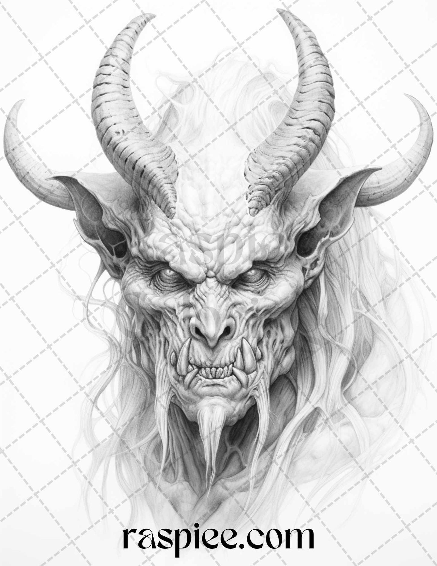 43 Fantasy Demons Grayscale Coloring Pages for Adults, Printable PDF File Instant Download