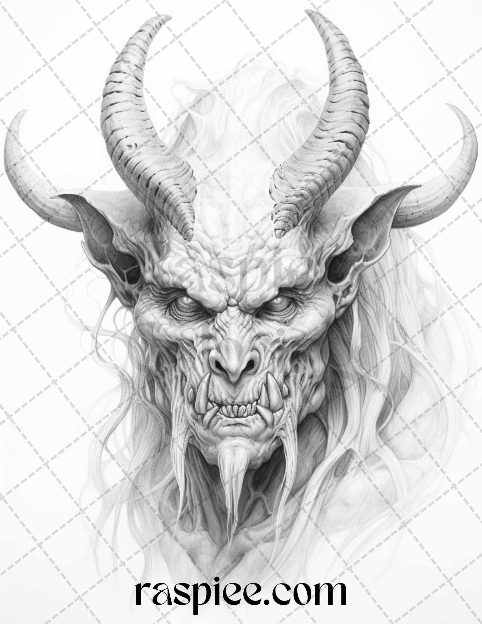 43 Fantasy Demons Grayscale Coloring Pages for Adults, Printable PDF File Instant Download