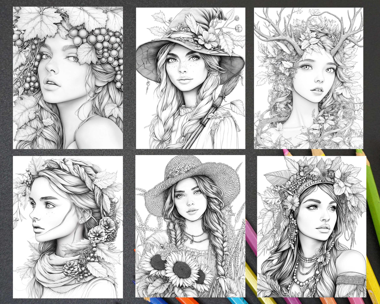 Autumn Beauties Portrait Adult Coloring Pages Printable PDF Instant Download