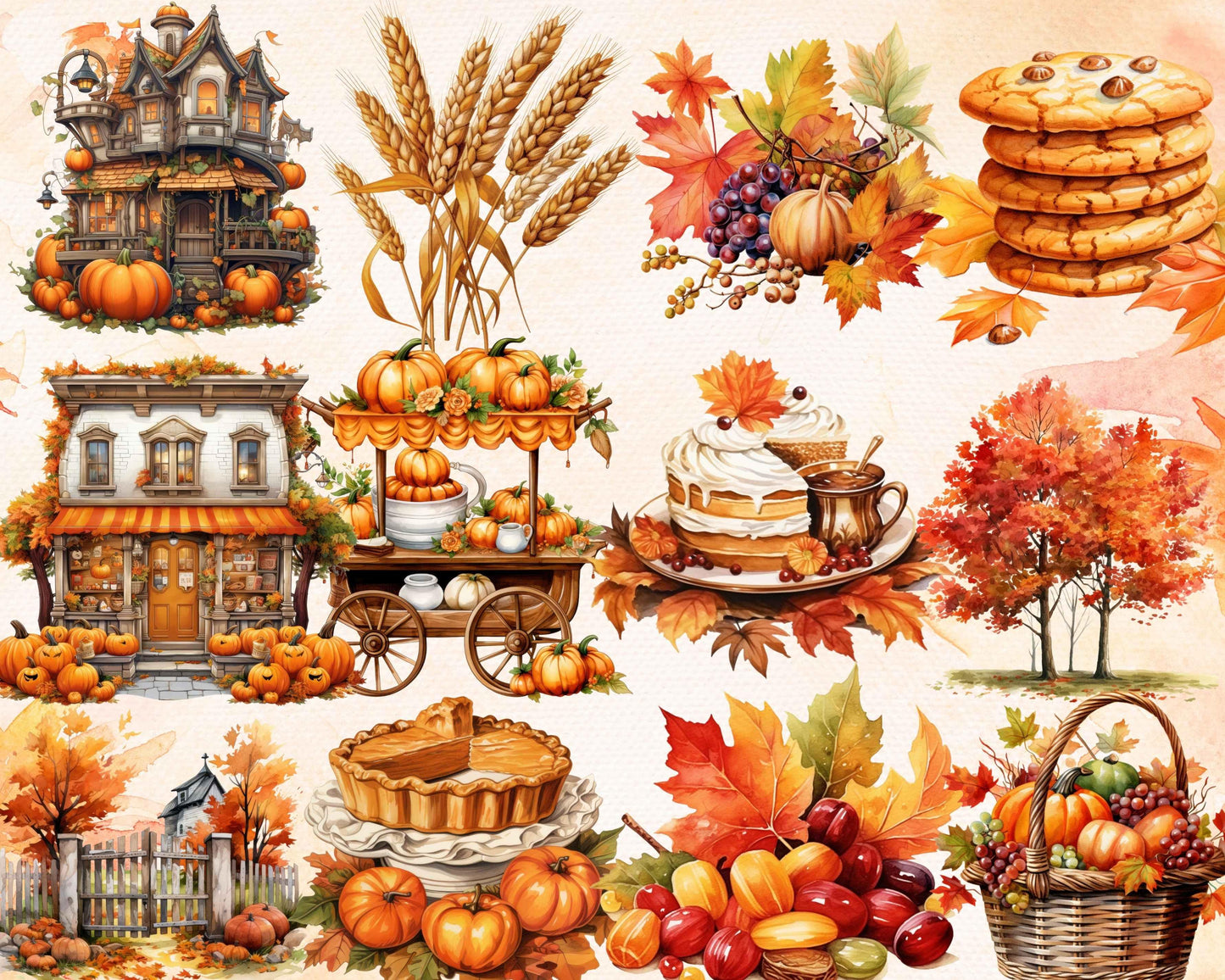 300+ PNG Watercolor Autumn Clipart Mega Bundle, Fall Season Illustrations for Sublimation Printing