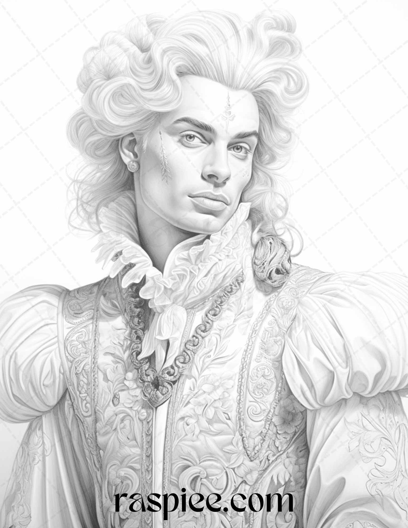 50 Baroque Man Portrait Grayscale Graysale Coloring Pages Printable for Adults, PDF File Instant Download