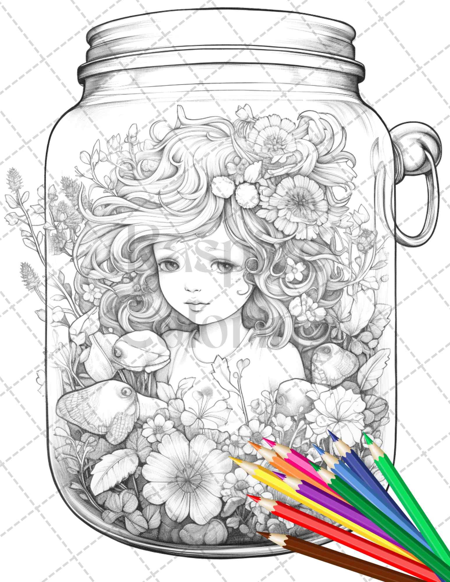 40 Beautiful Fairies in Jar Grayscale Coloring Pages Printable for Adults, PDF File Instant Download