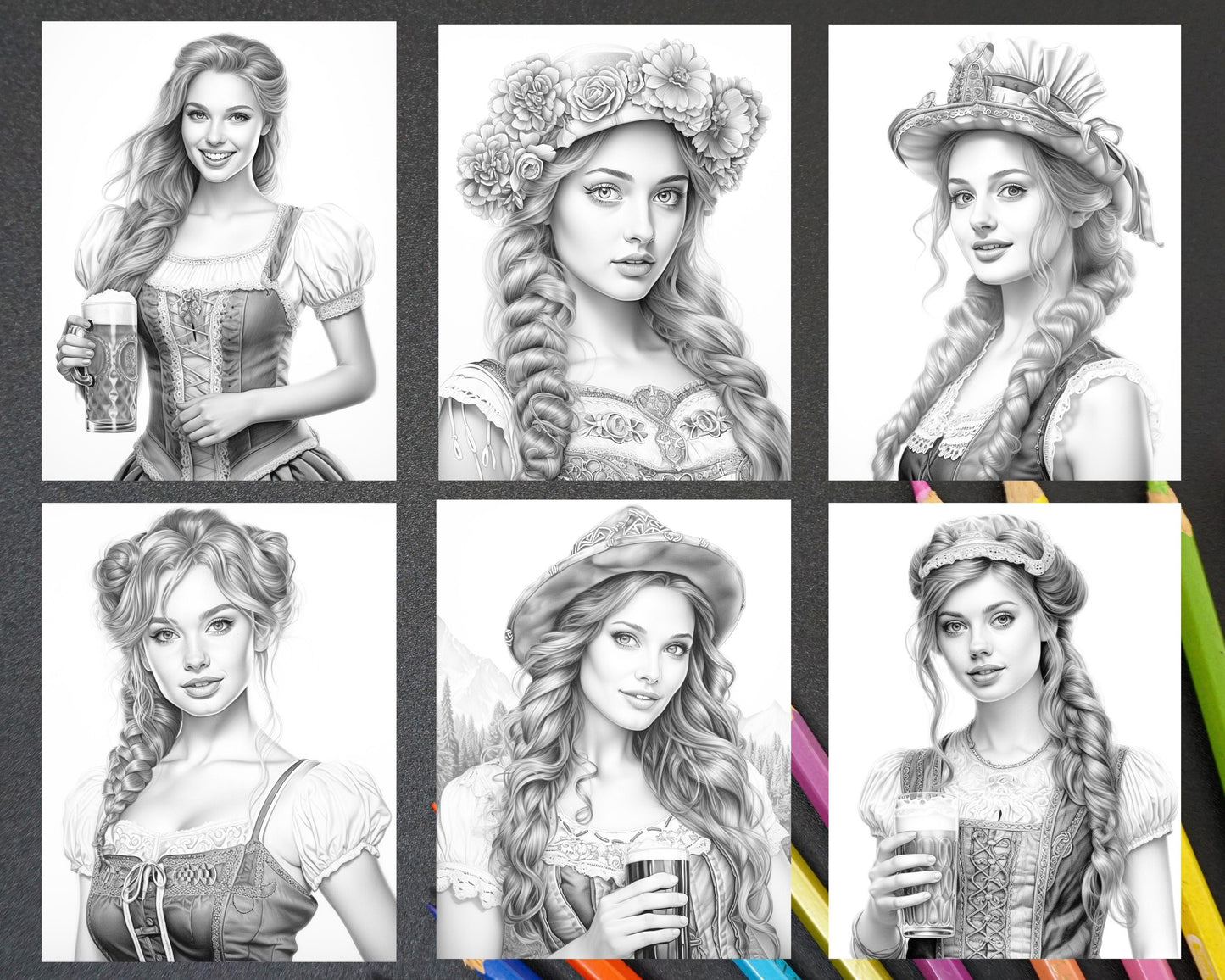 50 Oktoberfest Girls Grayscale Coloring Pages for Adults, Printable PDF Instant Download