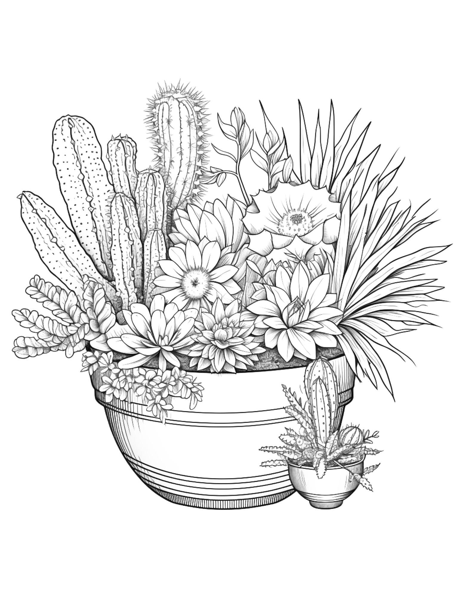 4 Free Printable Cactus Pots Coloring Pages for Adults, Grayscale Coloring Pages, PDF File Instant Download