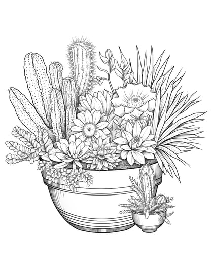 4 Free Printable Cactus Pots Coloring Pages for Adults, Grayscale Coloring Pages, PDF File Instant Download