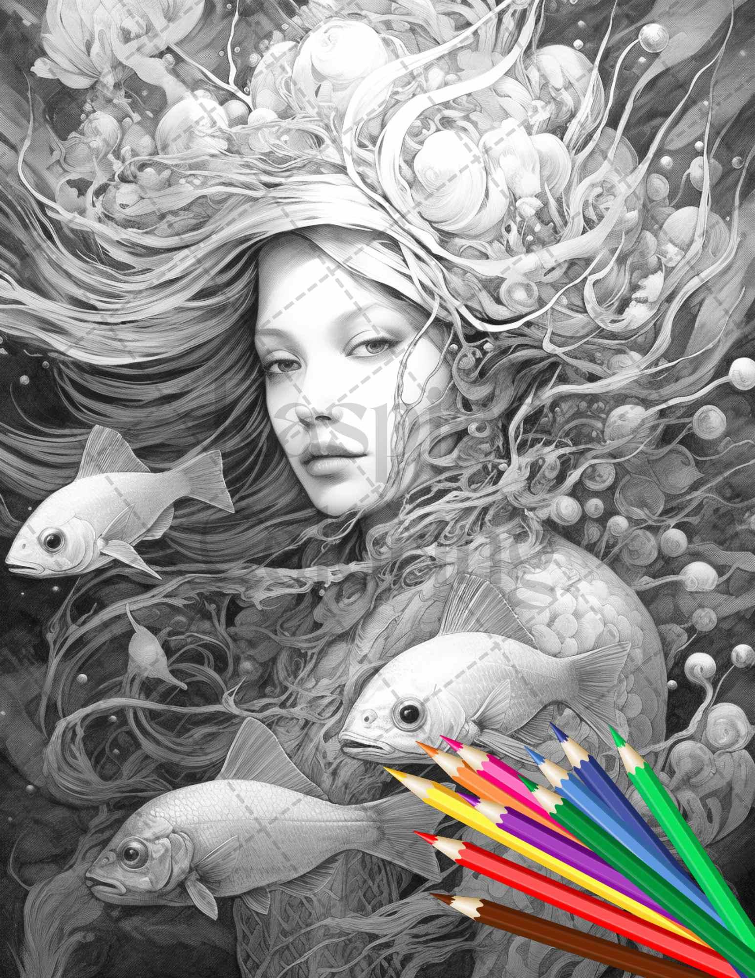 40 Enchanted Mermaid Grayscale Coloring Pages Printable for Adults, PDF File Instant Download