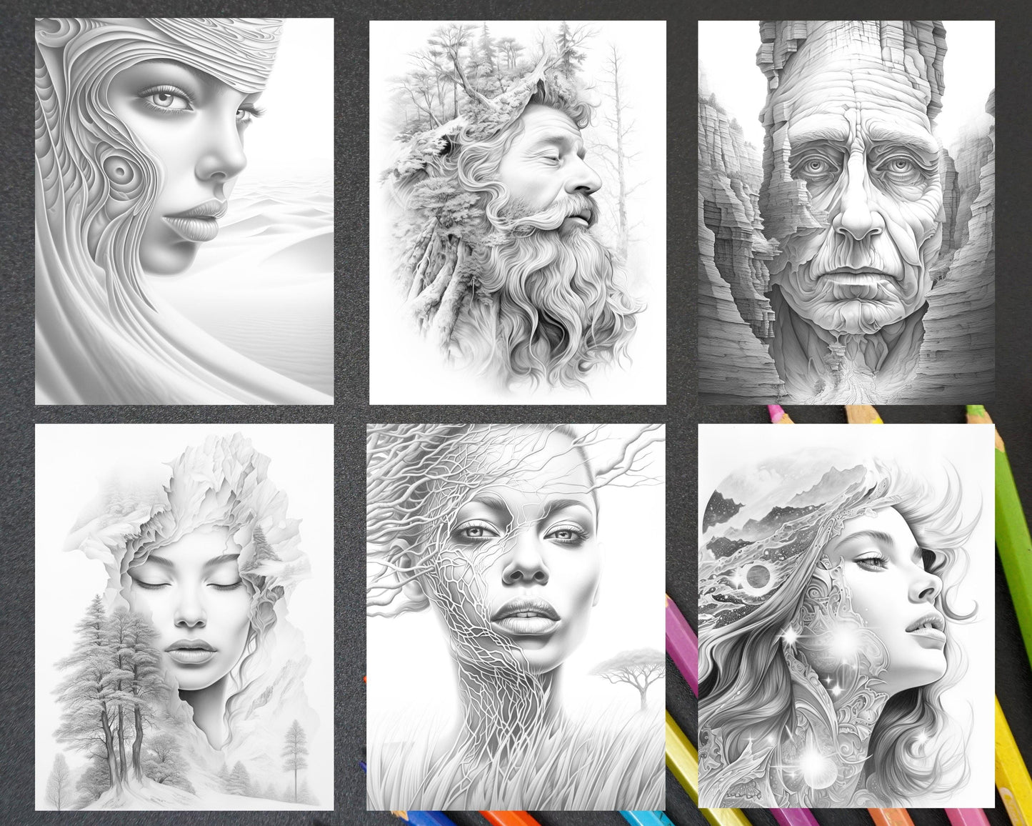 60 Nature Fusion Portrait Grayscale Adult Coloring Pages, Printable PDF Instant Download