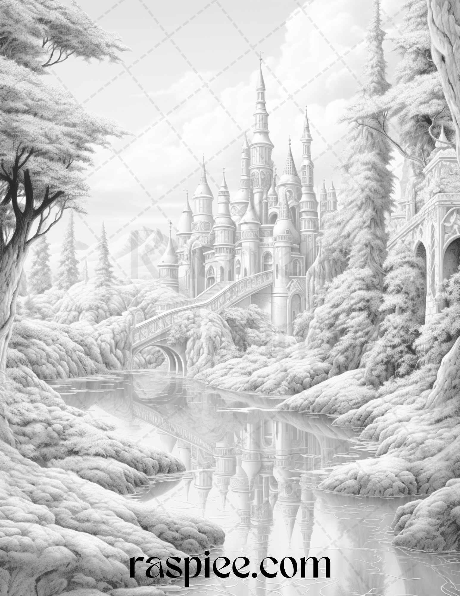 40 Fantasy Landscapes Grayscale Coloring Pages Printable for Adults, PDF File Instant Download