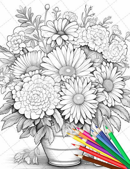 30 Flower Baskets Grayscale Coloring Pages for Adults, PDF File Instant Download