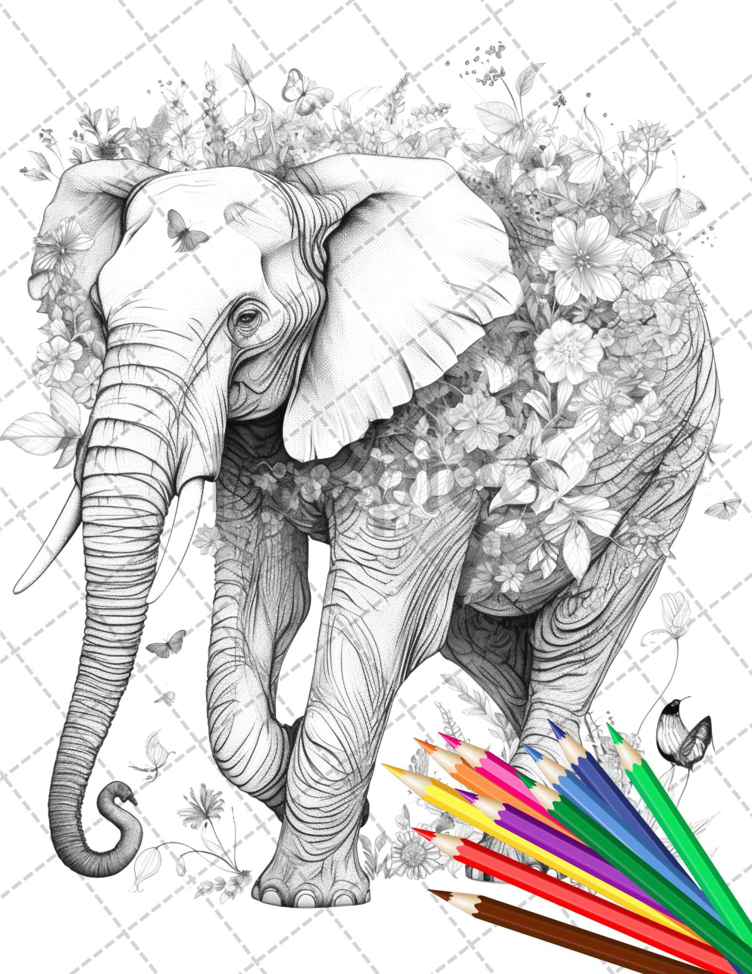 30 Animal Floral Printable Coloring Pages for Adults, Grayscale Coloring Book, Printable PDF File Download