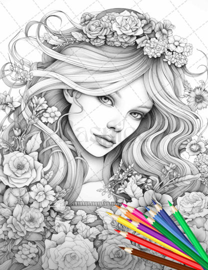 38 Flower Goddess Coloring Pages Printable for Adults, Grayscale Coloring Page, PDF File Instant Download