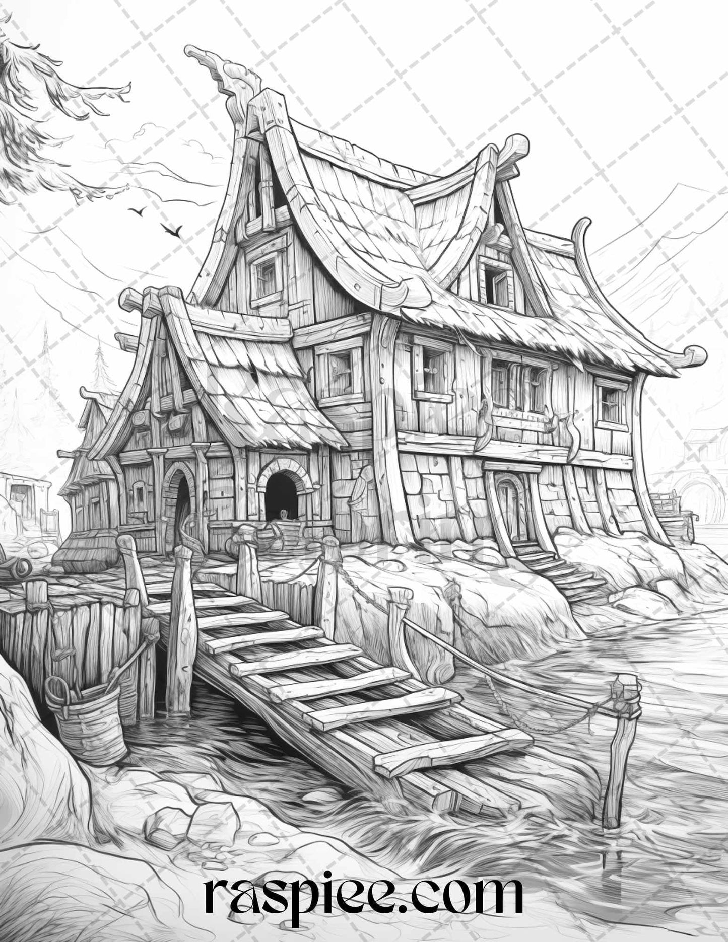 40 Viking Houses Grayscale Coloring Pages Printable for Adults, PDF File Instant Download