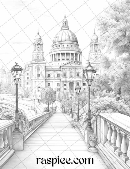 40 Beautiful Cities Travel Grayscale Coloring Pages Printable for Adults, PDF File Instant Download