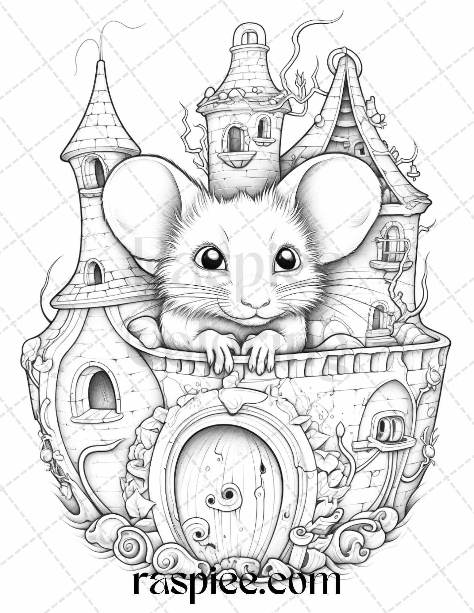 40 Magical Mouse Houses Grayscale Coloring Pages Printable for Adults, PDF File Instant Download