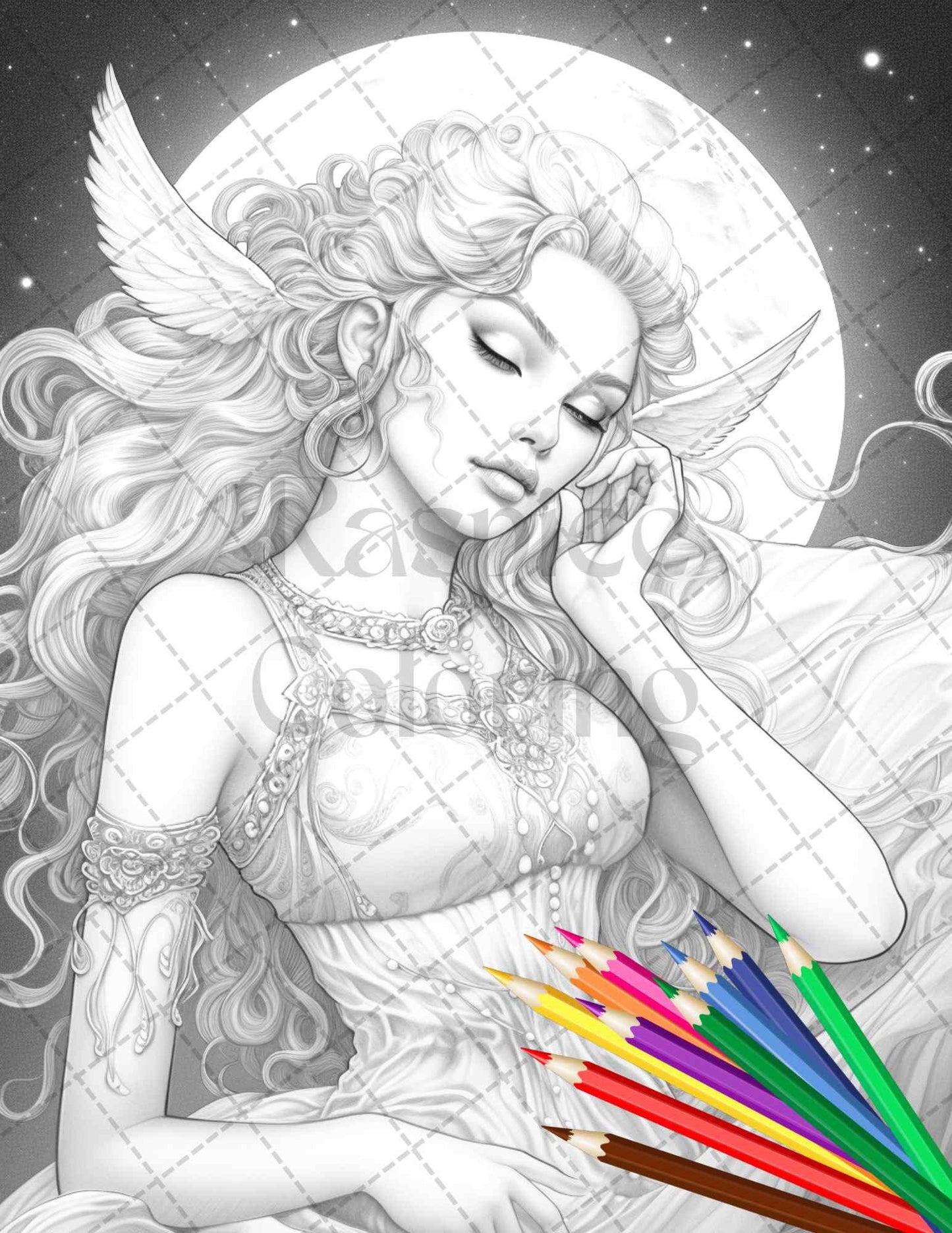 34 Beautiful Moon Fairies Grayscale Coloring Pages Printable for Adults, PDF File Instant Download