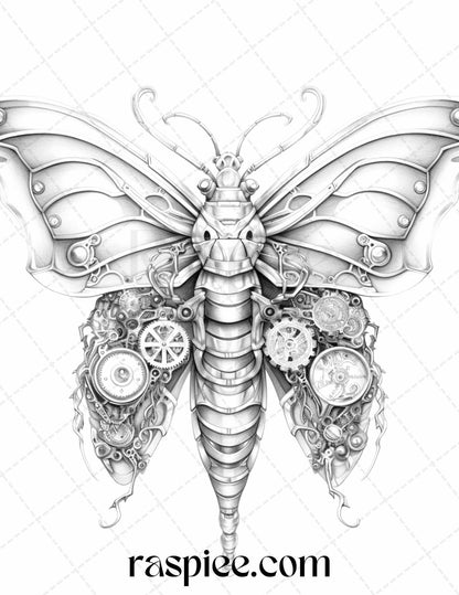 42 Steampunk Bugs Grayscale Coloring Pages Printable for Adults, PDF File Instant Download