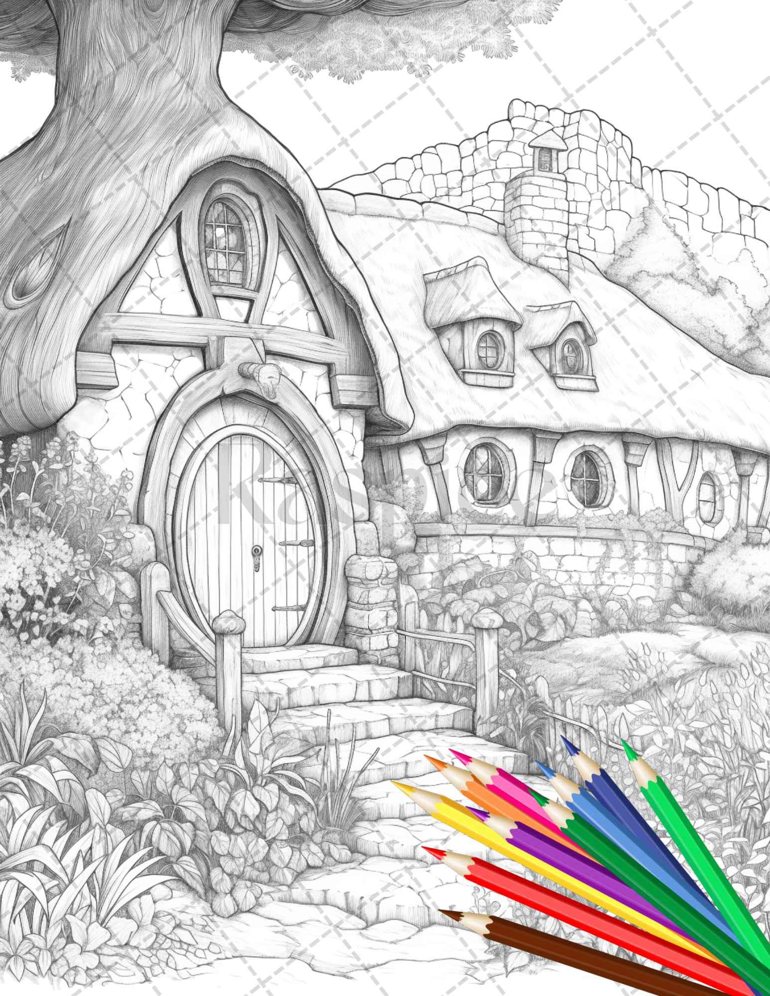 43 Enchanted Hobbiton Houses Grayscale Coloring Pages Printable for Adults, PDF File Instant Download