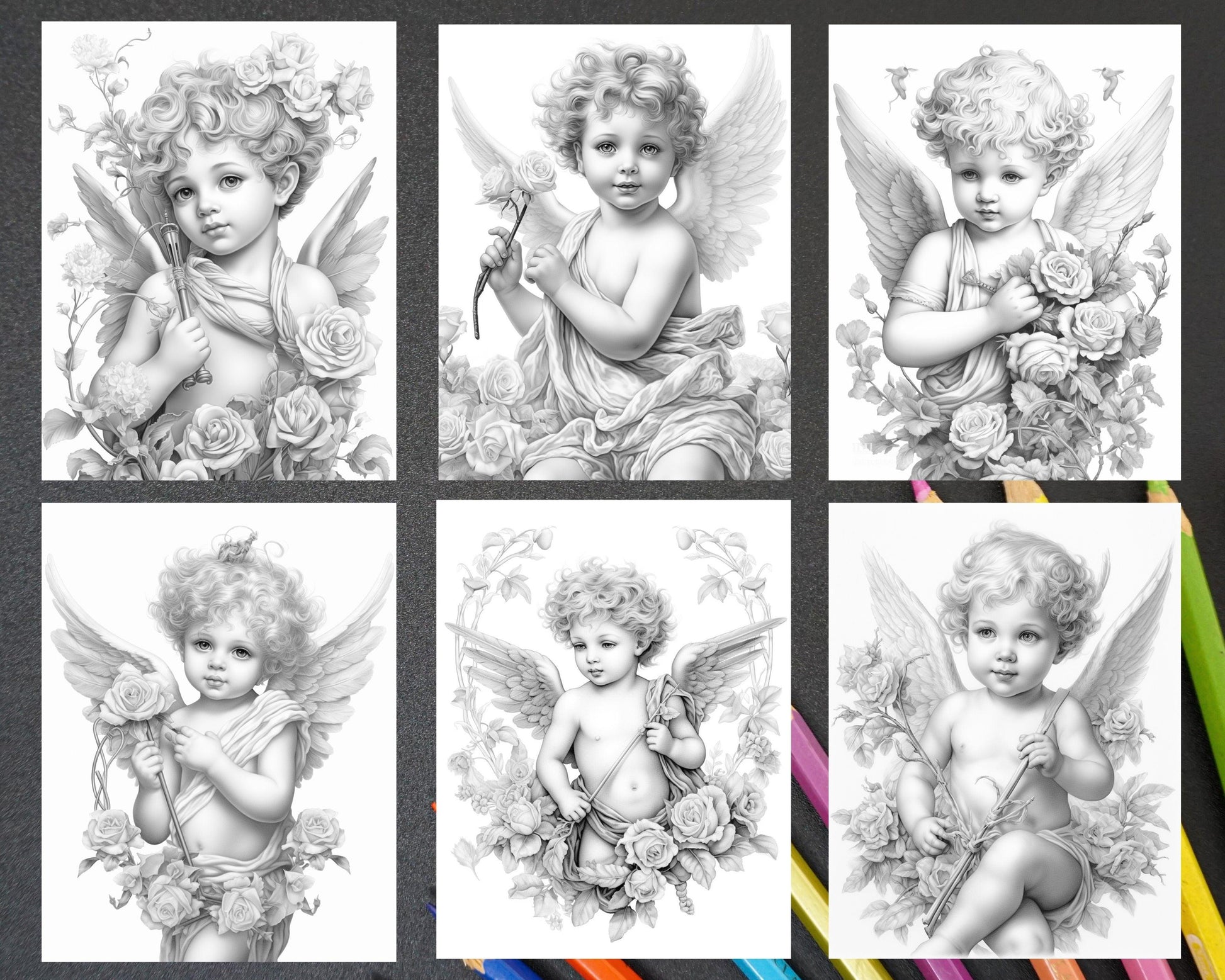 40 Valentine's Day Cupid Grayscale Adult Coloring Pages, Printable PDF Instant Download