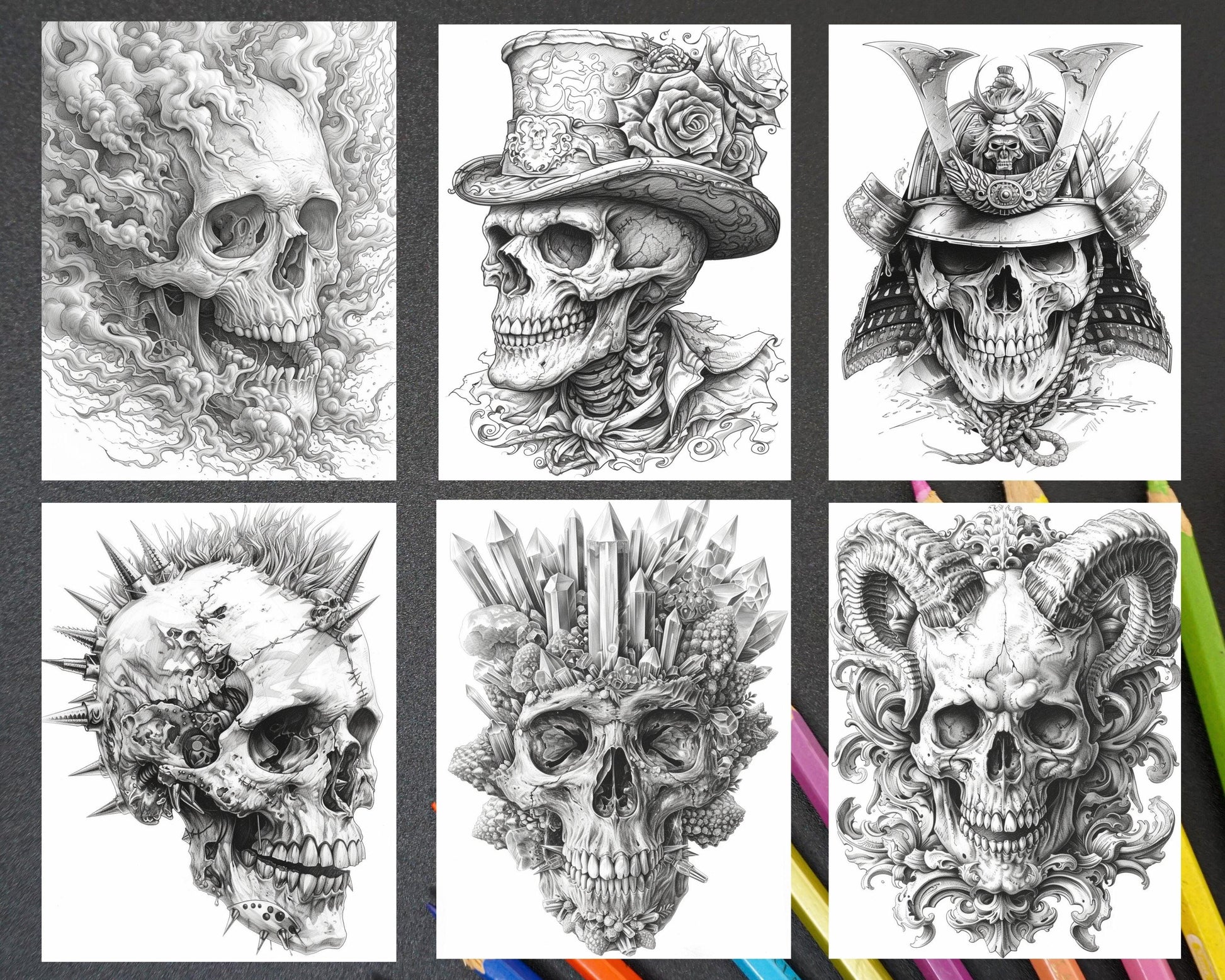 95 Skull Art Grayscale Adult Coloring Pages, Printable PDF Instant Download