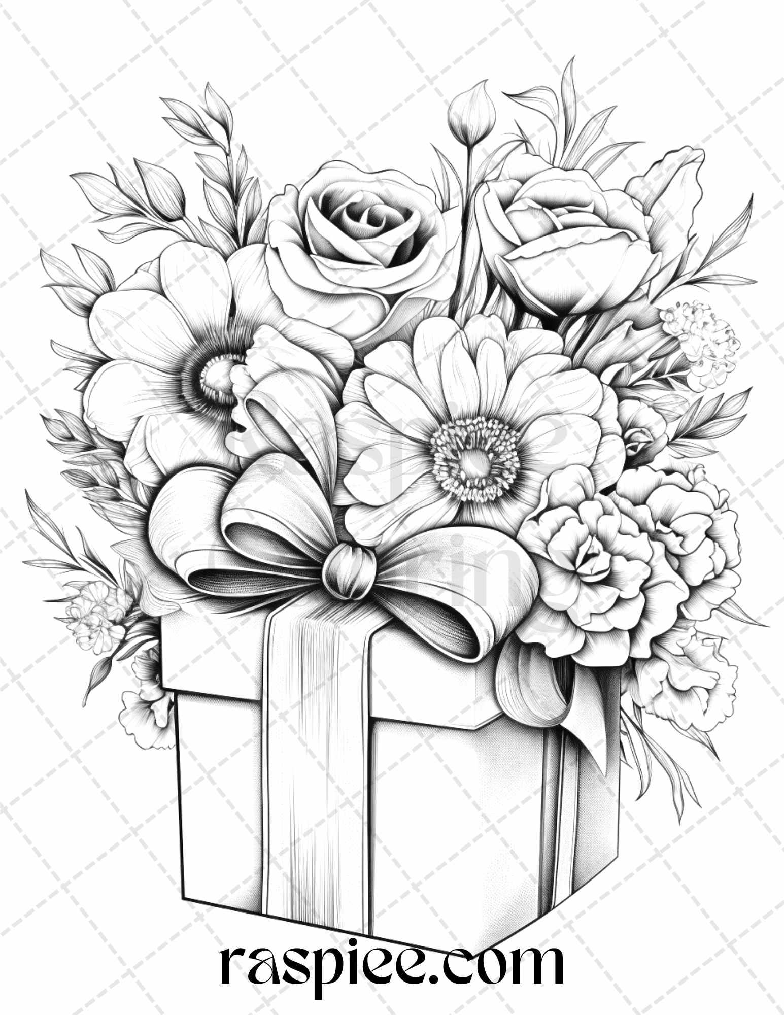 40 Flower Gift Box Grayscale Coloring Pages Printable for Adults Kids, PDF File Instant Download